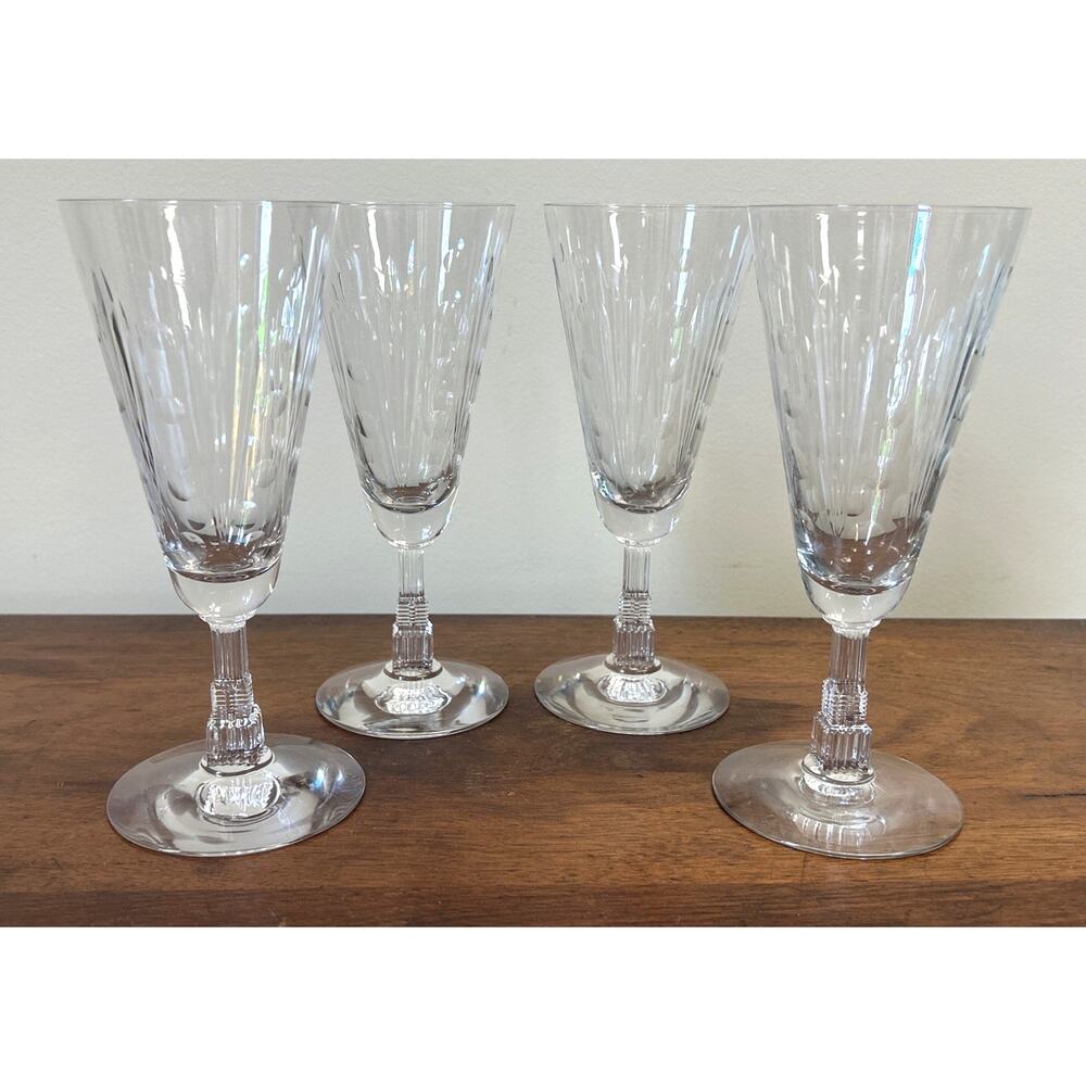 4 Libby Elegant Glass Lucerne Art Deco 7 3/8” Wine Water Glass NYC Skyscraper